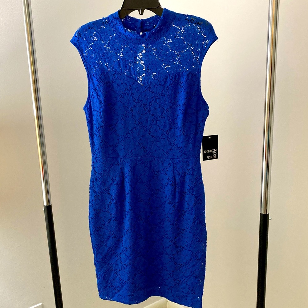 Nwt size 1X fashion to figure FTF mock neck lace dress  royal blue